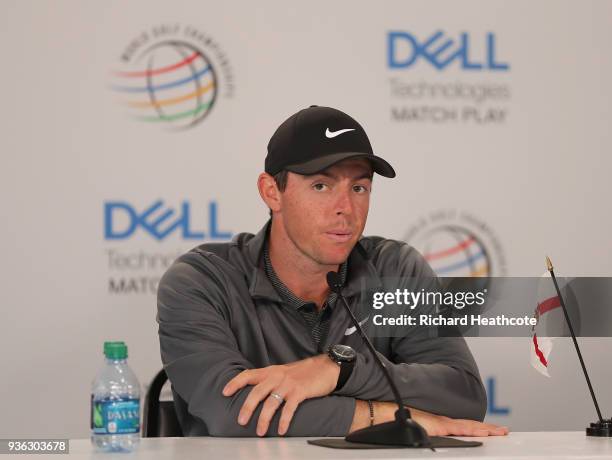 Rory McIlroy of Northern Ireland speaks to the media after a practise round for the WGC Dell Technologies Matchplay at Austin Country Club on March...