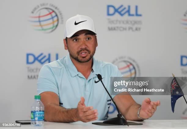 Jason Day of Australia speaks to the media after a practise round for the WGC Dell Technologies Matchplay at Austin Country Club on March 20, 2018 in...