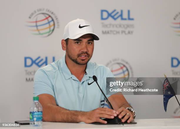 Jason Day of Australia speaks to the media after a practise round for the WGC Dell Technologies Matchplay at Austin Country Club on March 20, 2018 in...