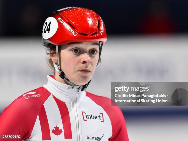 Kim Boutin of Canada looks on after finishing first in the fourth heat of the women's 1000 meter quarterfinal during the World Short Track Speed...