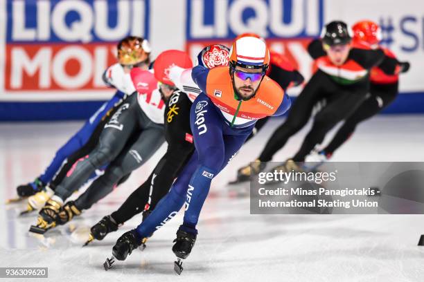 Sjinkie Knegt of the Netherlands competes in the men's 3000 meter SuperFinal during the World Short Track Speed Skating Championships at Maurice...