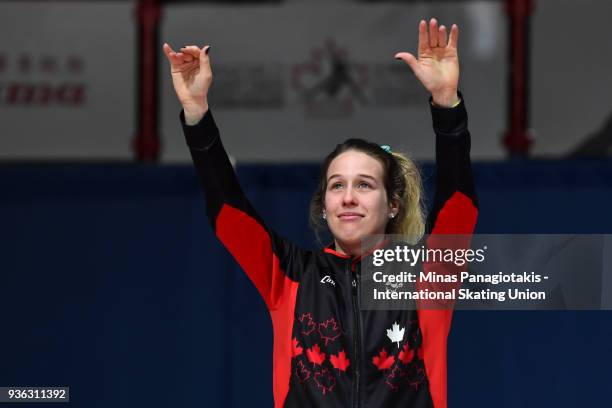 Marianne St-Gelais of Canada salutes the fans as she announces her retirement during the World Short Track Speed Skating Championships at Maurice...