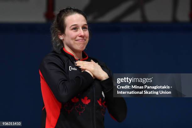 Marianne St-Gelais of Canada salutes the fans as she announces her retirement during the World Short Track Speed Skating Championships at Maurice...