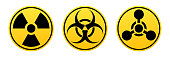 Danger vector signs. Radiation sign, Biohazard sign, Chemical Weapons Sign.