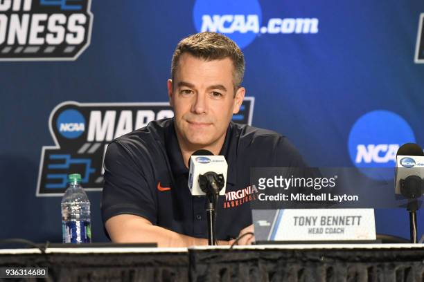 Head coach Tony Bennett of the Virginia cavaliers addresses the media during media day of the Men's NCAA Basketball Tournament - Charlotte - Practice...