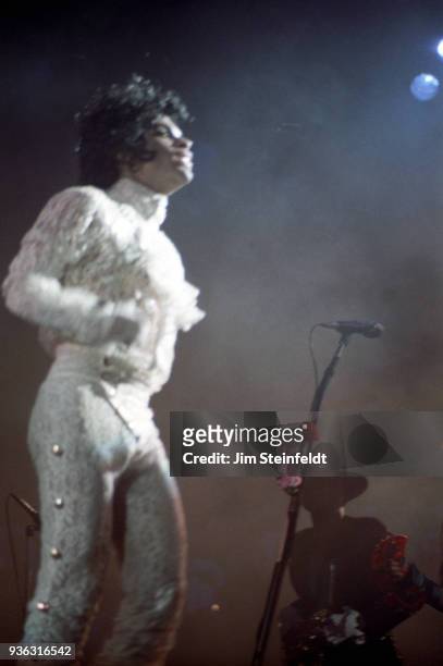 Prince performs during the Purple Rain Tour at the St. Paul Civic Center in St. Paul, Minnesota on December 26, 1984.