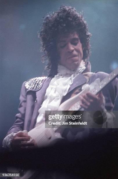 Prince performs during the Purple Rain Tour at the St. Paul Civic Center in St. Paul, Minnesota on December 26, 1984.