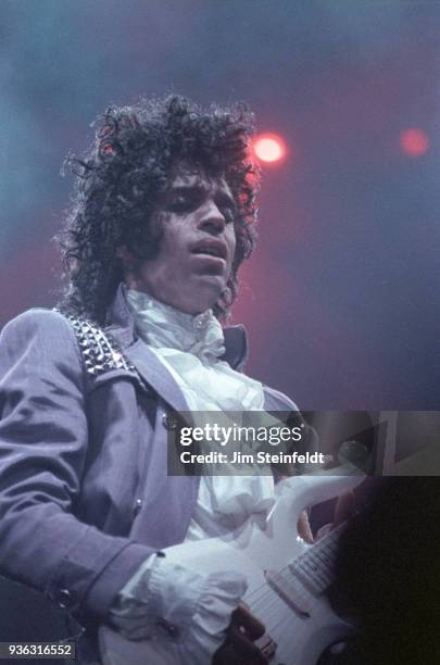 Prince performs during the Purple Rain Tour at the St. Paul Civic Center in St. Paul, Minnesota on December 26, 1984.