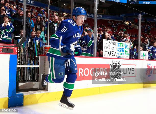 Troy Stecher of the Vancouver Canucks steps onto the ice during their NHL game against the San Jose Sharks at Rogers Arena March 17, 2018 in...