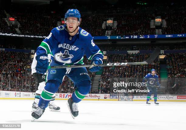 Brendan Leipsic of the Vancouver Canucks skates up ice during their NHL game against the San Jose Sharks at Rogers Arena March 17, 2018 in Vancouver,...