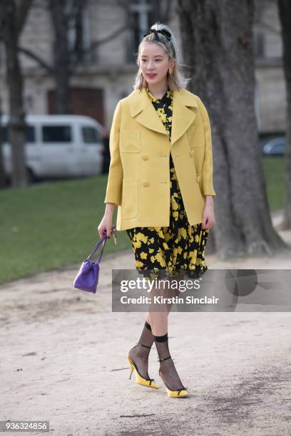 Model and blogger Irene Kim wears all Rochas day 3 of Paris Womens Fashion Week Spring/Summer 2018, on February 28, 2018 in London, England.