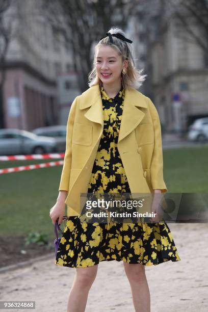 Model and blogger Irene Kim wears all Rochas day 3 of Paris Womens Fashion Week Spring/Summer 2018, on February 28, 2018 in London, England.