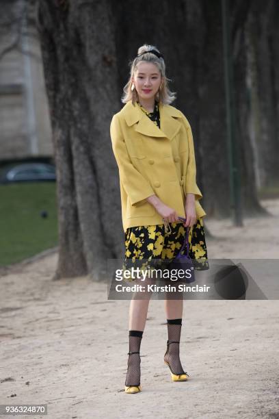 Model and blogger Irene Kim wears all Rochas day 3 of Paris Womens Fashion Week Spring/Summer 2018, on February 28, 2018 in London, England.