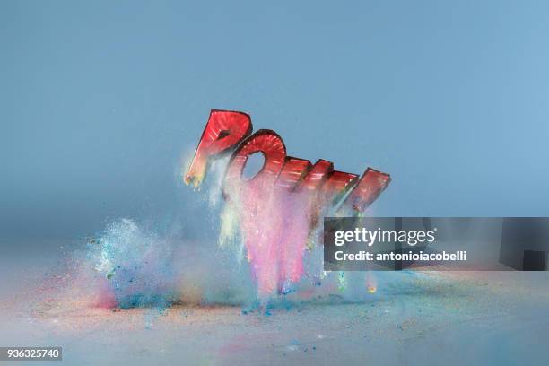 acrylic paint explosion with the word pow! - noise pop stock pictures, royalty-free photos & images