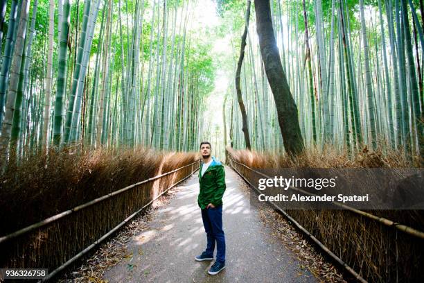 young man exploring arashiyama bamboo grove in kyoto, japan - japan tourist stock pictures, royalty-free photos & images