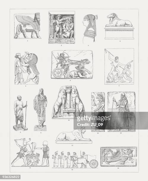 stockillustraties, clipart, cartoons en iconen met oude europese en midden-oosten sculpturen, houtsnijwerk, gepubliceerd 1897 - etruscan