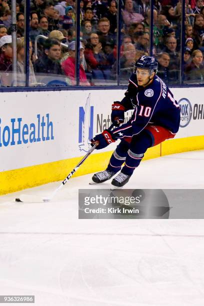 Alexander Wennberg of the Columbus Blue Jackets controls the puck during the game against the Ottawa Senators on March 17, 2018 at Nationwide Arena...