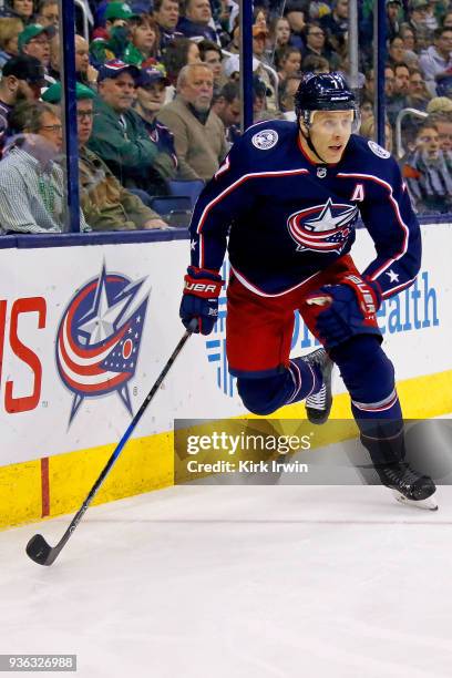 Jack Johnson of the Columbus Blue Jackets skates after the puck during the game against the Ottawa Senators on March 17, 2018 at Nationwide Arena in...