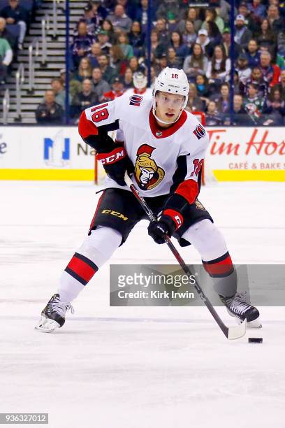 Ryan Dzingel of the Ottawa Senators controls the puck during the game against the Columbus Blue Jackets on March 17, 2018 at Nationwide Arena in...