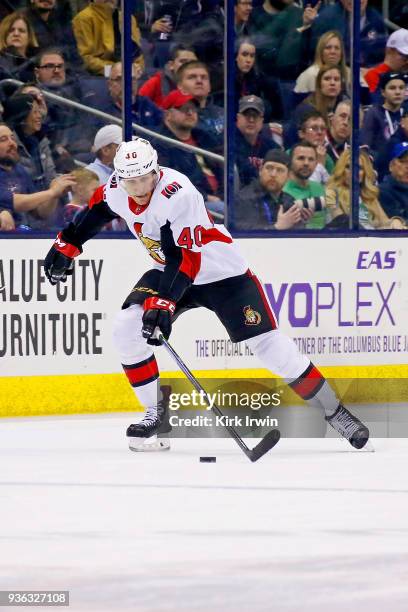 Jim O'Brien of the Ottawa Senators controls the puck during the game against the Columbus Blue Jackets on March 17, 2018 at Nationwide Arena in...