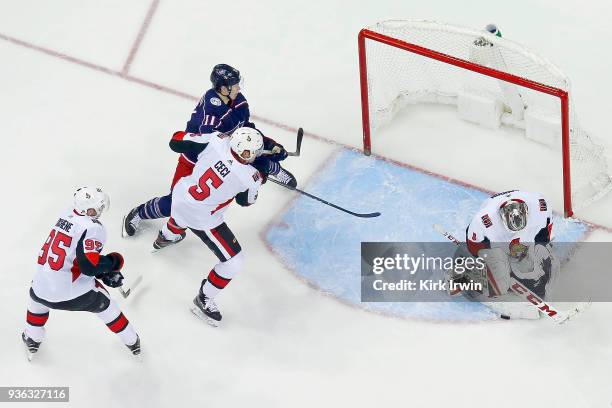 Mike Condon of the Ottawa Senators makes a save during the game against the Columbus Blue Jackets on March 17, 2018 at Nationwide Arena in Columbus,...