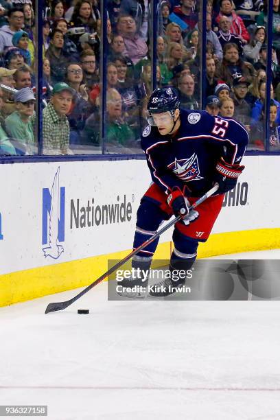 Mark Letestu of the Columbus Blue Jackets controls the puck during the game against the Ottawa Senators on March 17, 2018 at Nationwide Arena in...