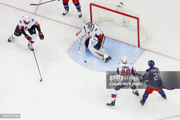 Mike Condon of the Ottawa Senators makes a save during the game against the Columbus Blue Jackets on March 17, 2018 at Nationwide Arena in Columbus,...