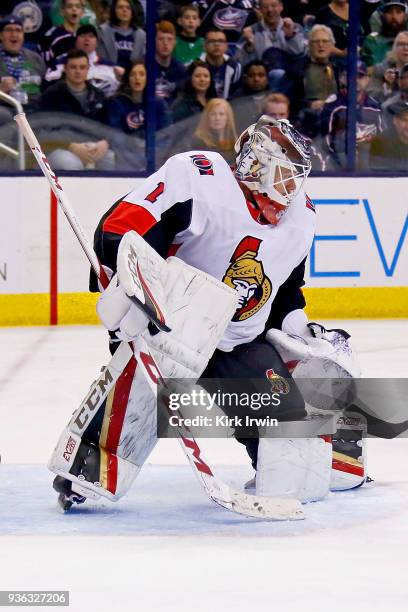 Mike Condon of the Ottawa Senators makes a save during the game against the Columbus Blue Jackets on March 17, 2018 at Nationwide Arena in Columbus,...