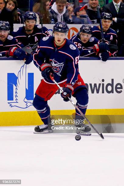 Markus Nutivaara of the Columbus Blue Jackets controls the puck during the game against the Ottawa Senators on March 17, 2018 at Nationwide Arena in...