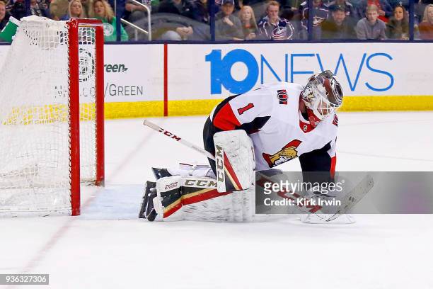 Mike Condon of the Ottawa Senators makes a save during the game against the Columbus Blue Jackets on March 17, 2018 at Nationwide Arena in Columbus,...