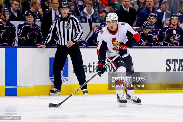 Cody Ceci of the Ottawa Senators controls the puck during the game against the Columbus Blue Jackets on March 17, 2018 at Nationwide Arena in...