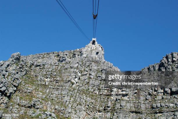 low angle view of cable car going up to table mountain, cape town, western cape, south africa - cape town cable car stock pictures, royalty-free photos & images