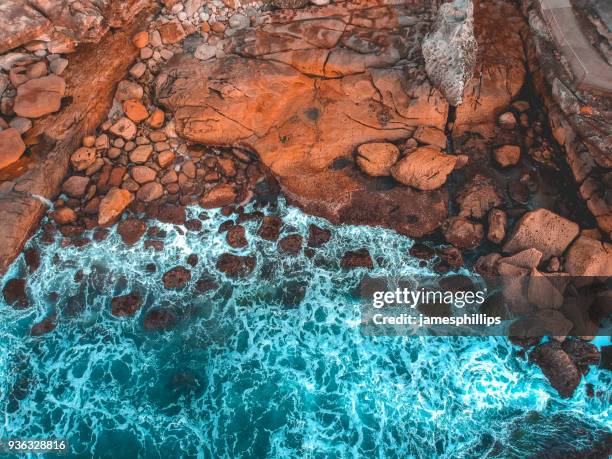 aerial view of rocky coastline, bondi beach, new south wales, australia - nsw landscape stockfoto's en -beelden