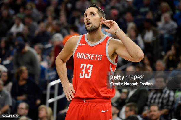 Ryan Anderson of the Houston Rockets looks on during the game against the Minnesota Timberwolves on March 18, 2018 at the Target Center in...