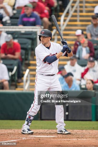 Jason Castro of the Minnesota Twins bats during a spring training game against the Boston Red Sox on March 10, 2018 at the Hammond Stadium in Fort...