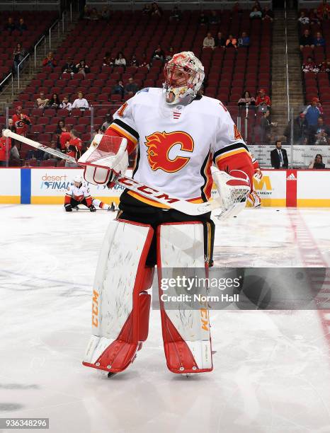 Mike Smith of the Calgary Flames prepares for a game against the Arizona Coyotes at Gila River Arena on March 19, 2018 in Glendale, Arizona.