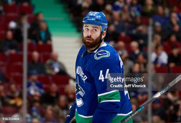 Erik Gudbranson of the Vancouver Canucks skates up ice during their NHL game against the Minnesota Wild at Rogers Arena March 9, 2018 in Vancouver,...