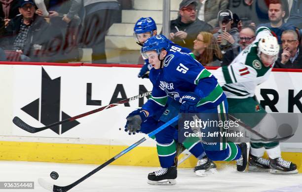 Troy Stecher of the Vancouver Canucks skates up ice with the puck during their NHL game against the Minnesota Wild at Rogers Arena March 9, 2018 in...