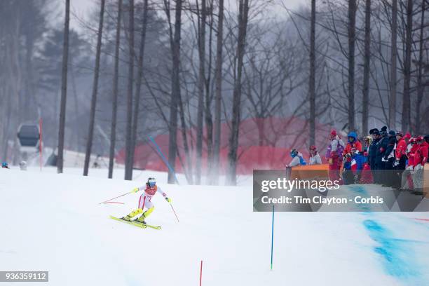 Ramona Siebenhofer of Austria in action during the Alpine Skiing - Ladies' Alpine Combined Slalom at Jeongseon Alpine Centre on February 22, 2018 in...