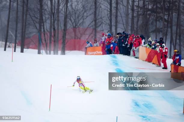 Ramona Siebenhofer of Austria in action during the Alpine Skiing - Ladies' Alpine Combined Slalom at Jeongseon Alpine Centre on February 22, 2018 in...