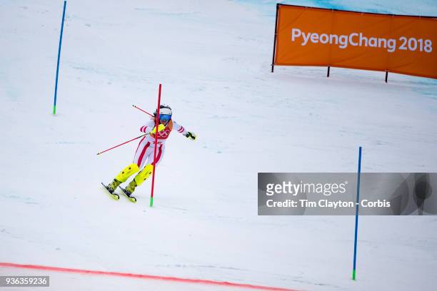 Ramona Siebenhofer of Austria in action during the Alpine Skiing - Ladies' Alpine Combined Slalom at Jeongseon Alpine Centre on February 22, 2018 in...