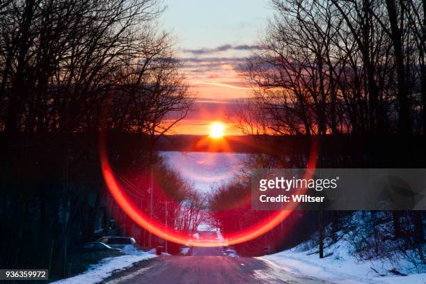 west pine drive spring equinox lens flare sunrise - first day of spring stock pictures, royalty-free photos & images