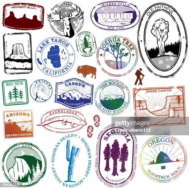 usa natural landmark stamps - desert camping stock illustrations