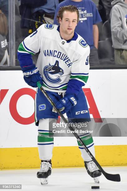 Brendan Leipsic of the Vancouver Canucks warms up prior to the game against the Vegas Golden Knights at T-Mobile Arena on March 20, 2018 in Las...