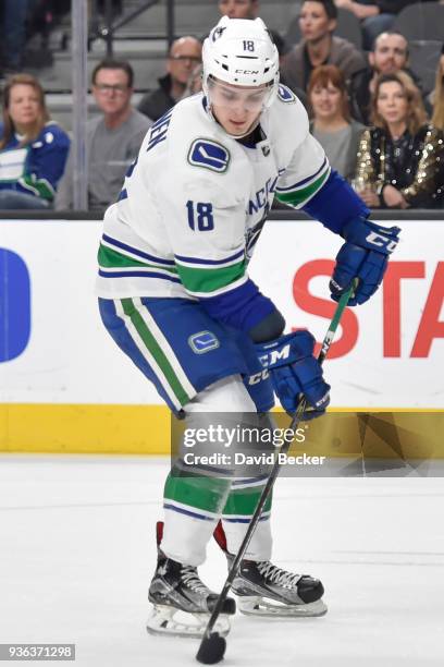 Jake Virtanen of the Vancouver Canucks skates with the puck against the Vegas Golden Knights during the game at T-Mobile Arena on March 20, 2018 in...