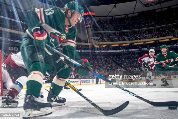Tyler Ennis of the Minnesota Wild skates with the puck against the Colorado Avalanche during the game at the Xcel Energy Center on March 13, 2018 in...
