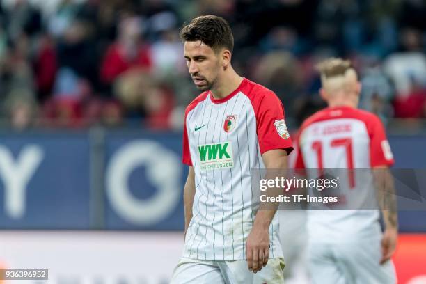 Rani Khedira of Augsburg looks on after the Bundesliga match between FC Augsburg and SV Werder Bremen at WWK-Arena on March 17, 2018 in Augsburg,...