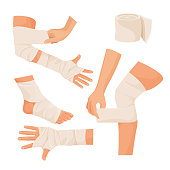 Elastic bandage on injured human body parts set