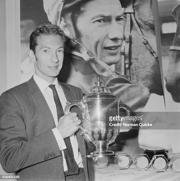 British professional jockey Lester Piggott wins Daily Express Sportsman of the Year trophy, Savoy Hotel, London, UK, 27th November 1968.