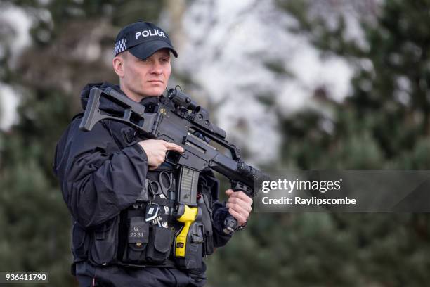 schwer bewaffnete polizisten, hintergrund unscharf laub, keine menschen mit eingebetteten beschneidungspfad - armed police uk stock-fotos und bilder